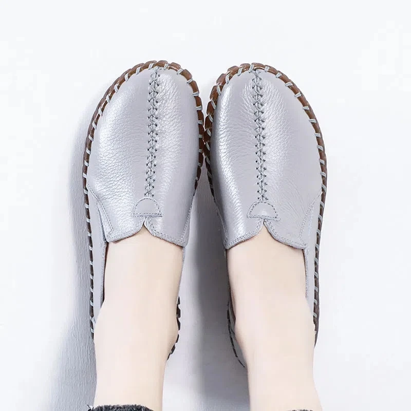 Geunine Leather Sneakers Women Mother's Loafers 2025 Spring/Autumn Casual Stitch Shoes Non Slip Women's Soft Bottom Moccasins