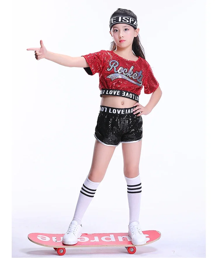 New Children's Jazz Dance Modern Cheerleading Costumes Hip Hop Boy Girls Crop Top And Pants Sequins Performance Clothing Set