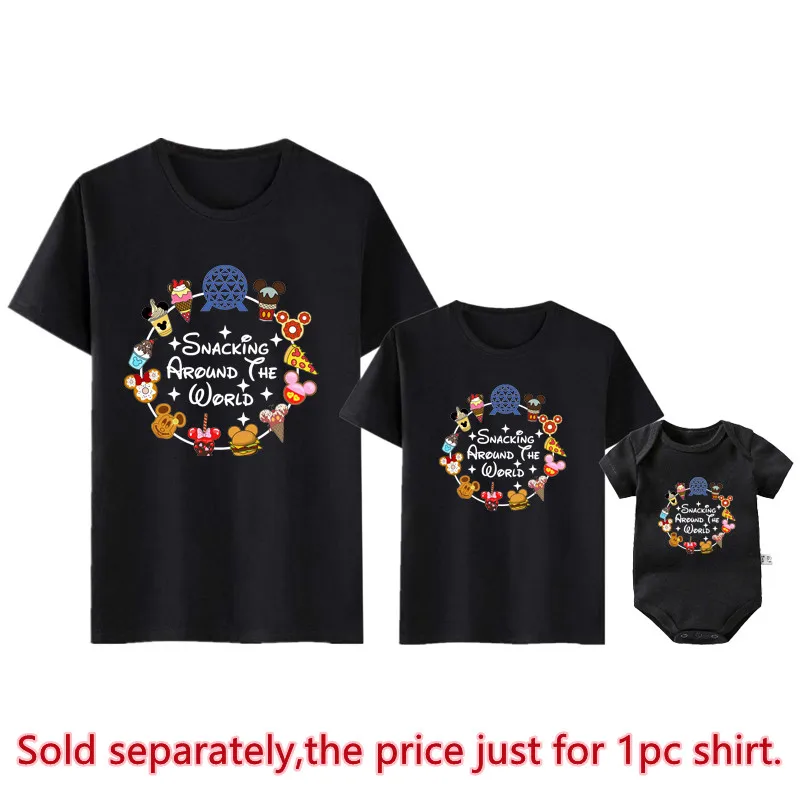 New Disney Snacking Around The World Funny Family Matching Shirts Cotton Dad Mom Kids Tees Baby Romper Family Look Trip Outfits 3