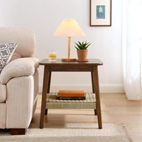 Mid-Century Side Table with Woven Shelf, Boho Side Table with Storage, Small Side Table for Living Room Couch Bedroom Patio 1