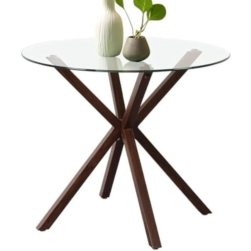 

Glass Kitchen Room Table, Modern Circle Dining Table with Tempered Glass Tabletop and Steel Legs