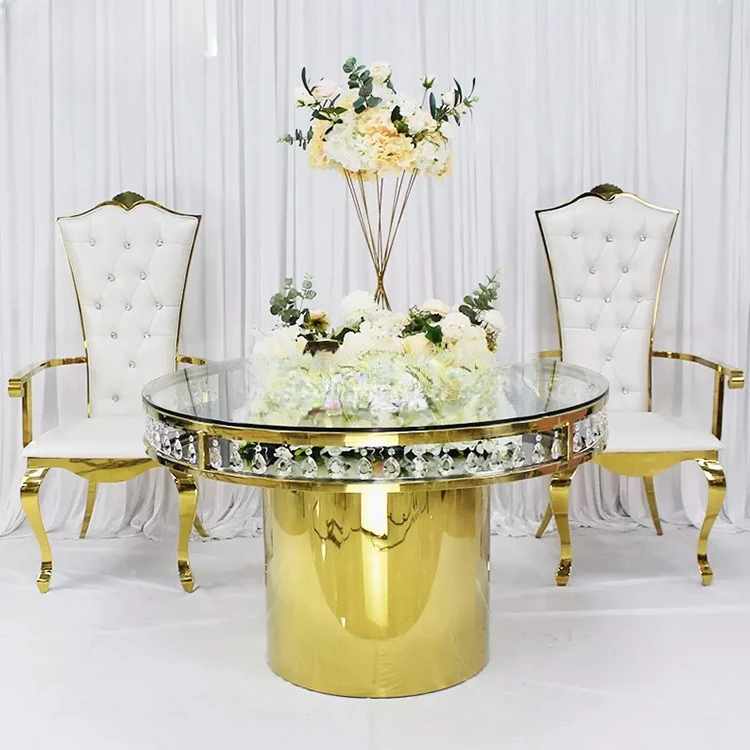 

Luxury Gold Stainless Steel Restaurant Event Round Dining Table Glass Top Crystal Wedding Banquet Table Commercial Furniture