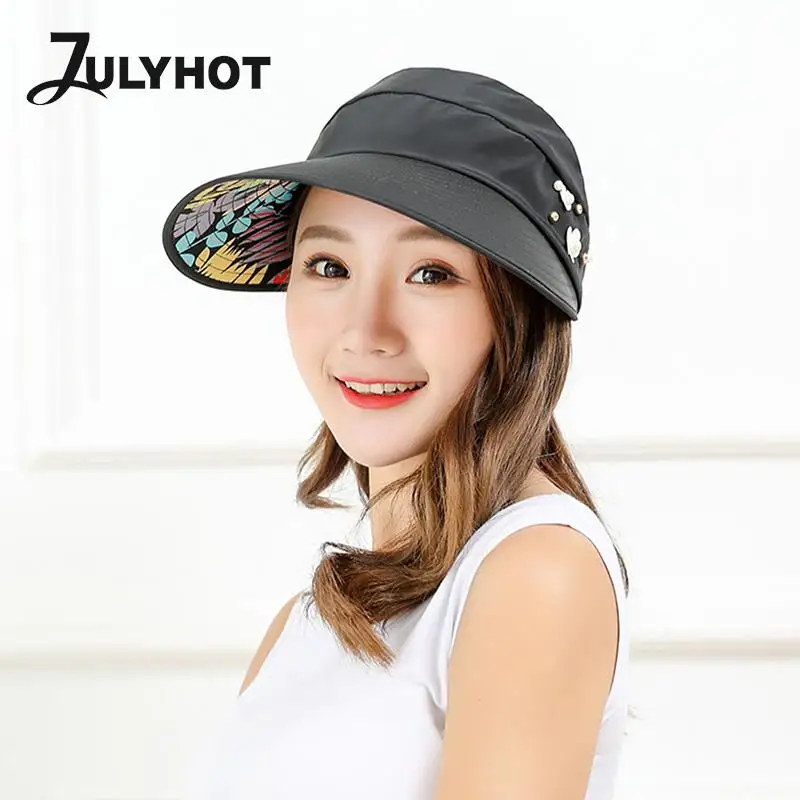 Summer Hats For Women Foldable Sun Hat Pearl Flower Polyester Visor Suncreen Floppy Cap Female Outdoor Casual Baseball Cap