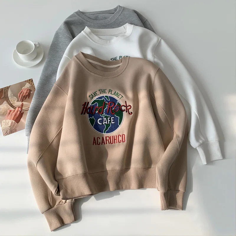 

Vintage Heavy Industry Earth Embroidery Patch Bodysuit High Waist Short Pearl Cotton Loose Round Neck Pullover