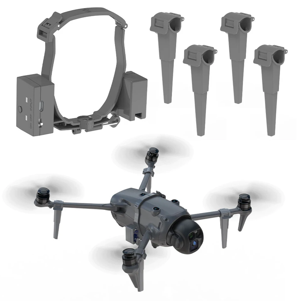 Trépied robuste soutenant le système de largage pour Mavic 4 Pro, batterie 1500mAh visible.