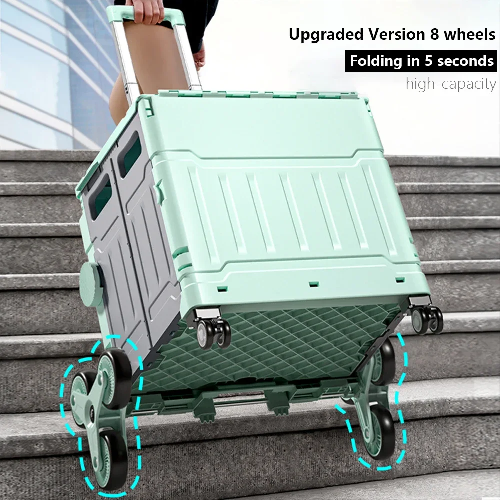 Folding Shopping Cart Portable Light-weight Household Large Storage Box Outdoor Travel Picnic Luggage Handcart with 8 Wheels