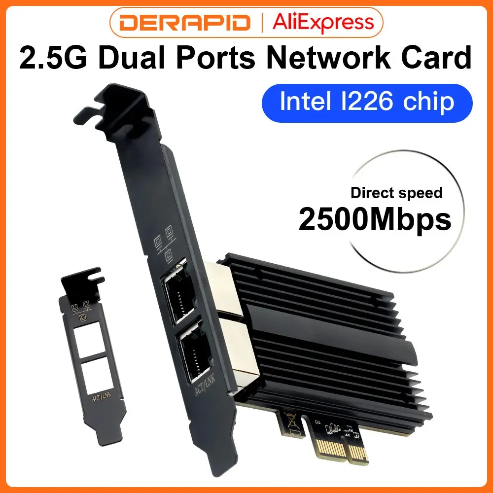 Pcie para Rj45 Placa de Rede Intel I226 Portas Duplas Placa de Rede Desktop 2.5g Gigabit Ethernet 100 Mbps 1000 Mbps 2500mbps