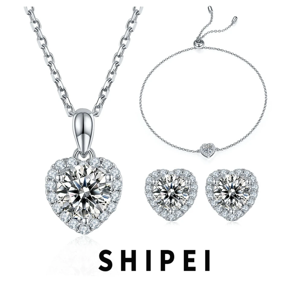 

SHIPEI 0.5-1CT Heart Cut D Moissanite Diamond Earrings/Pendant/Necklace/Bracelet Jewelry Set 100% 925 Sterling Silver Wholesale