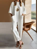 Womens Loose Jumpsuit Pockets Round Neck Straight Pant Minimalist White Streetwear Playsuits Office Lady Rompers One Piece Sets