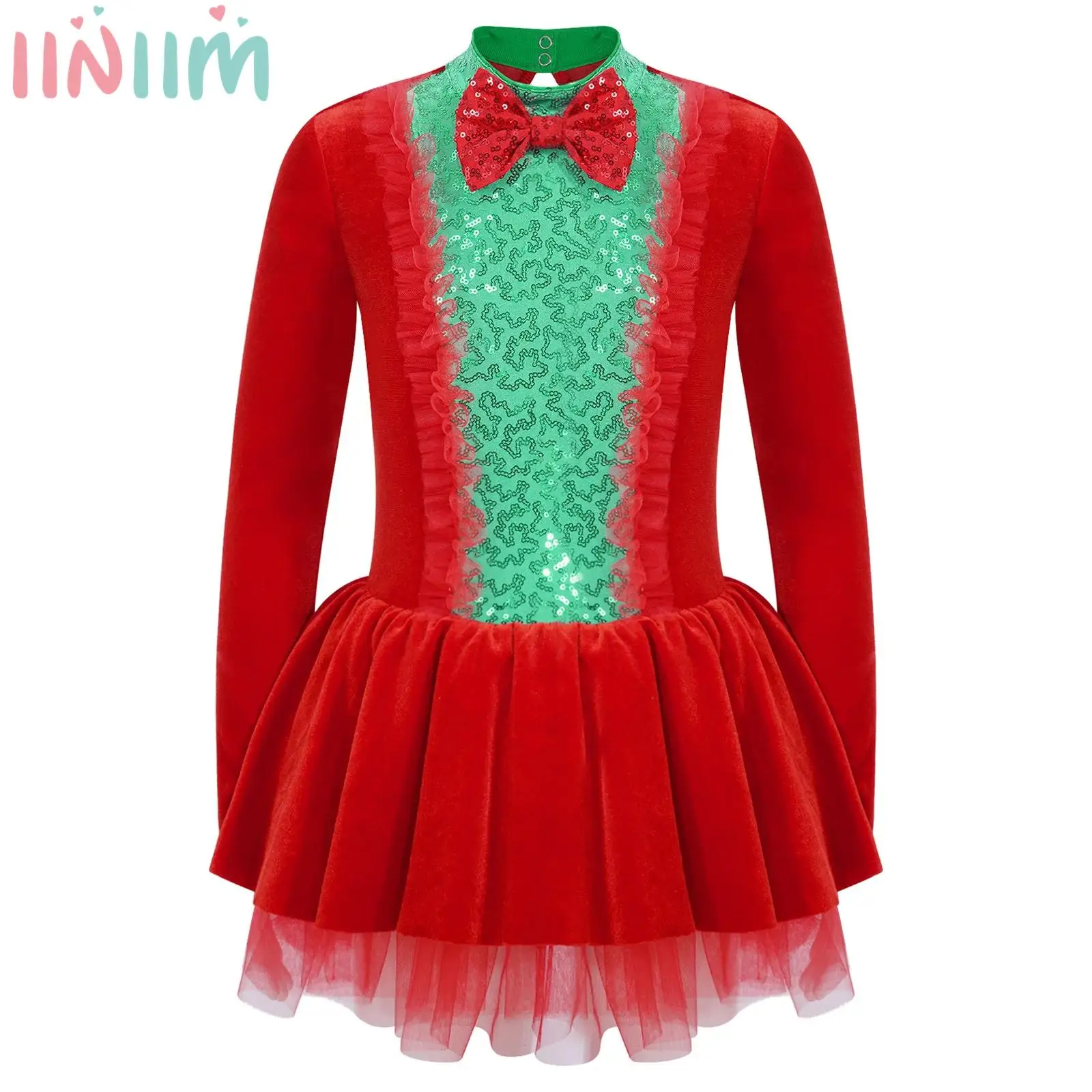 

Kids Girls Velvet Christmas Costume Dress Long Sleeve Hollow Back Bow Sequins Dance Tutu Dress Miss Santa Claus Cosplay Outfits