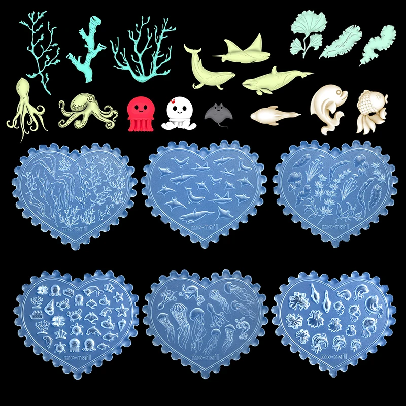 1pcs 바다 테마 바다 쉘 금붕어 불가사리 체리 딸기 3D 아크릴 네일 금형 네일 장식 DIY 실리콘 매니큐어 금형