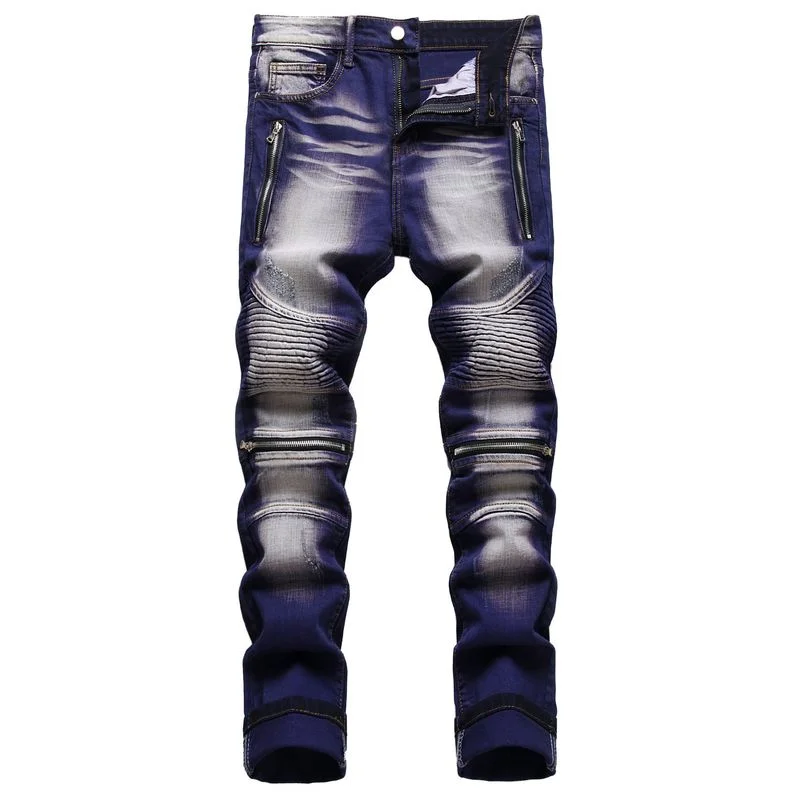 Men Biker Skinny Jeans Streetwear Cotton Male Casual Zipper Motorcycle Stretch Dyeing Personality Denim Pants Plus Size 42 denim pants denim trousers men trousers