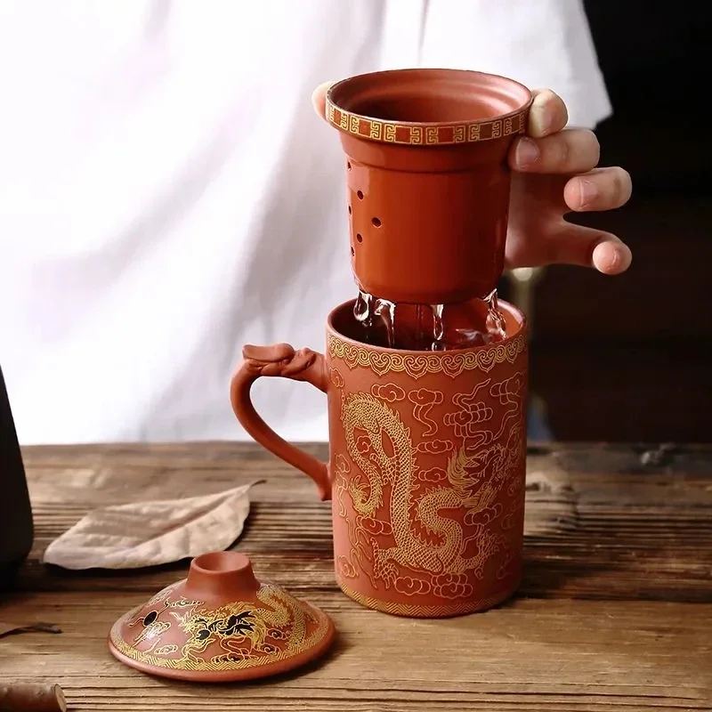 300ML Chinese Yixing Tea Cup,Purple Clay Dragon and Phoenix Tea Pot with Filter/Infuser for Coffee & Sets