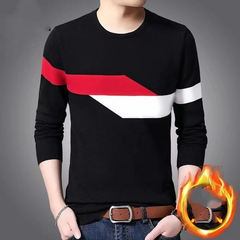 Trend Fashion Autumn Winte New Sweaters Men's O-Neck Contrast Color Casual Loose Plus Velvet Long Sleeve Pullovers Knitted Tops 3