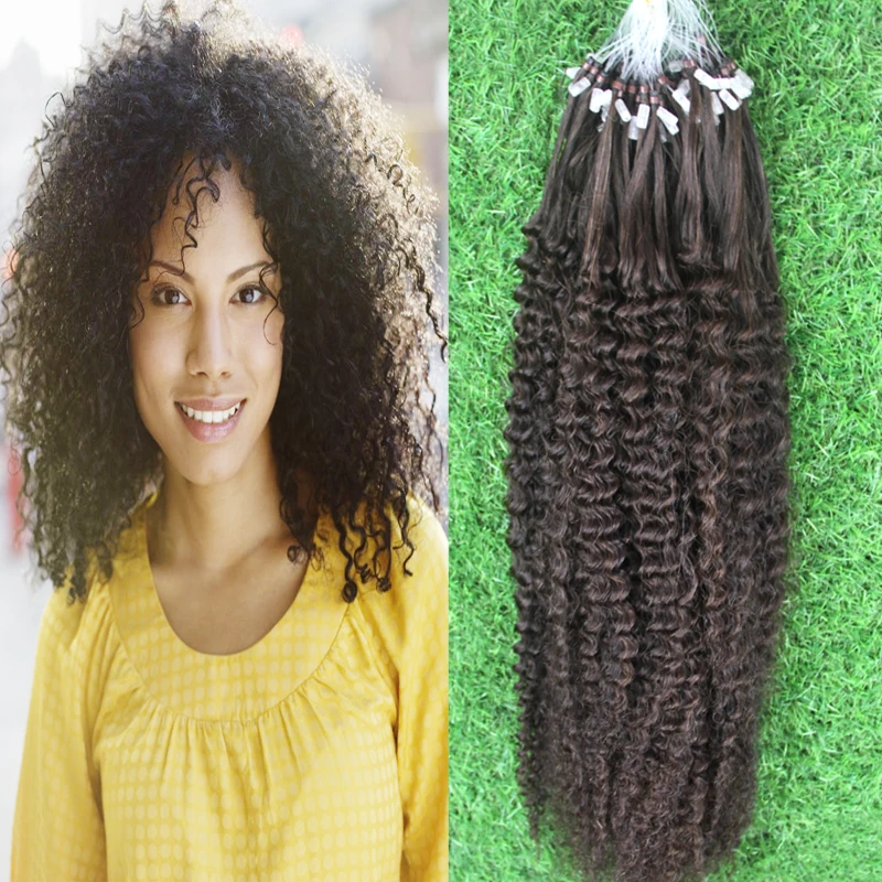 Human Hair Extensions 30inch Peruvian Afro Kinky Curly Micro Ring Hair Extensions Natural #4 Medium Brown Micro Bead Loop Remy Human Hair Extension