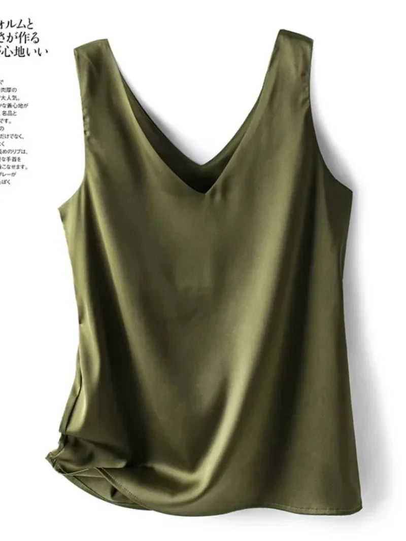 Woman T-shirts Elegant SILK Satin Blouse Sleeveless Female Summer Casual Loose Tanks and Camis Solid Green Tops for Women 3