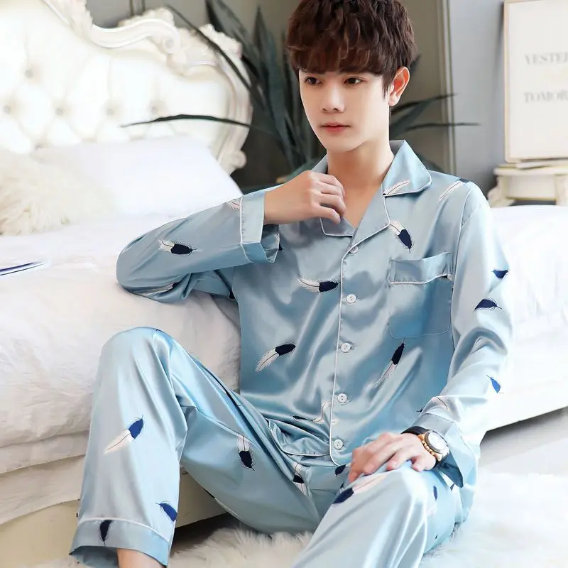 Luxury Brand Silk Pajamas Men Long Sleeve Button Shirt Long Pant Pajama Sets Homewear Loungewear Korean Loose Sleepwear New