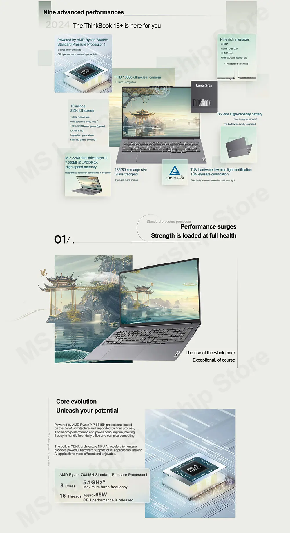 2024 Lenovo ThinkBook 16+ Laptop AMD R7-8845H Radeon 780M 16GB/32GB LPDDR5x RAM 1TB/2TB SSD 16inches 2.5K 120Hz Screen Notebook 2