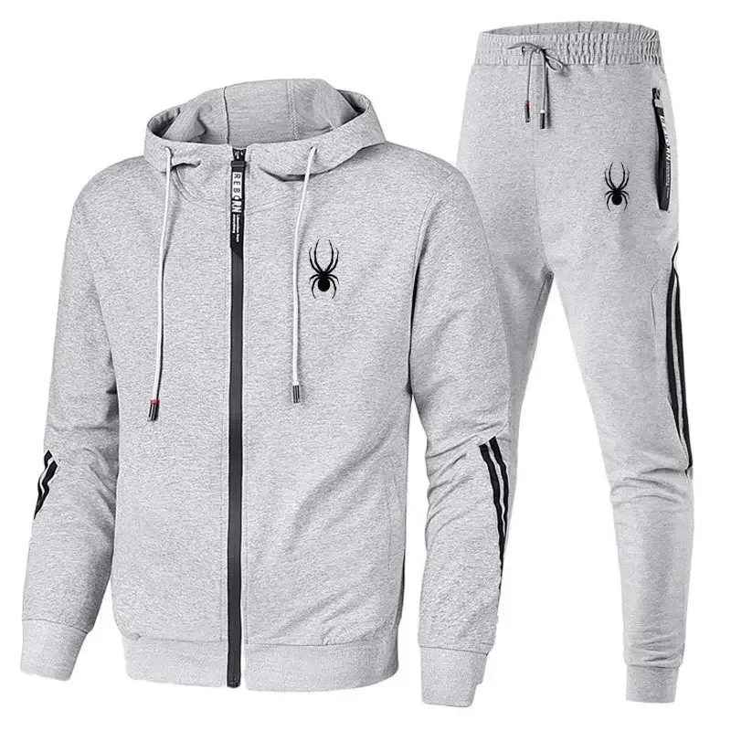 Man wearing casual zipper jacket and jogger pants set in an outdoor fitness or streetwear setting white 03