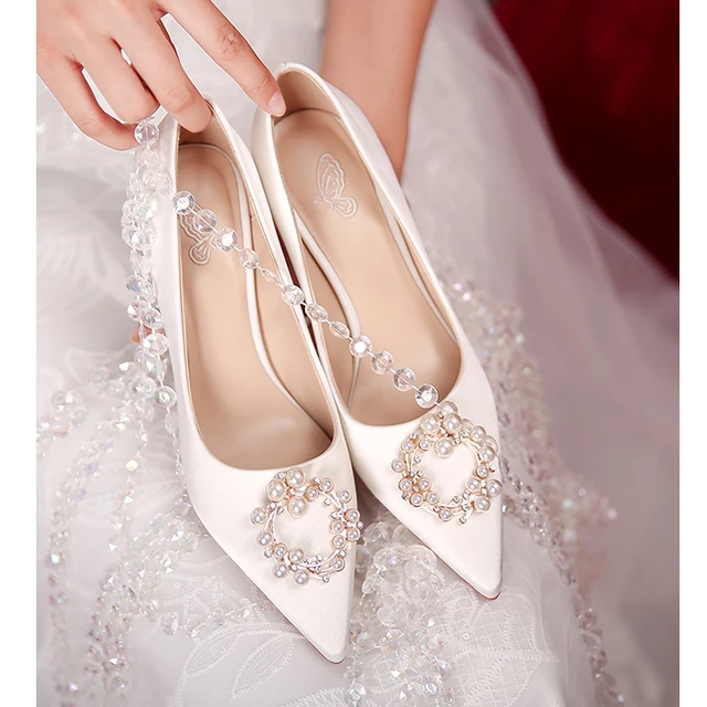 Bling Wedding Shoes, Ivory Satin and Lace Bridal Shoes With