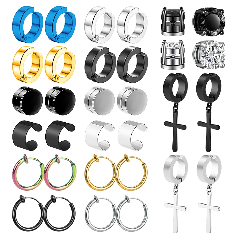 

1/16 Pairs Magnetic Stud Earrings Men Stainless Steel Non-Piercing Cross Dangle Hoop Earrings Unisex CZ Magnet Clip on Earring