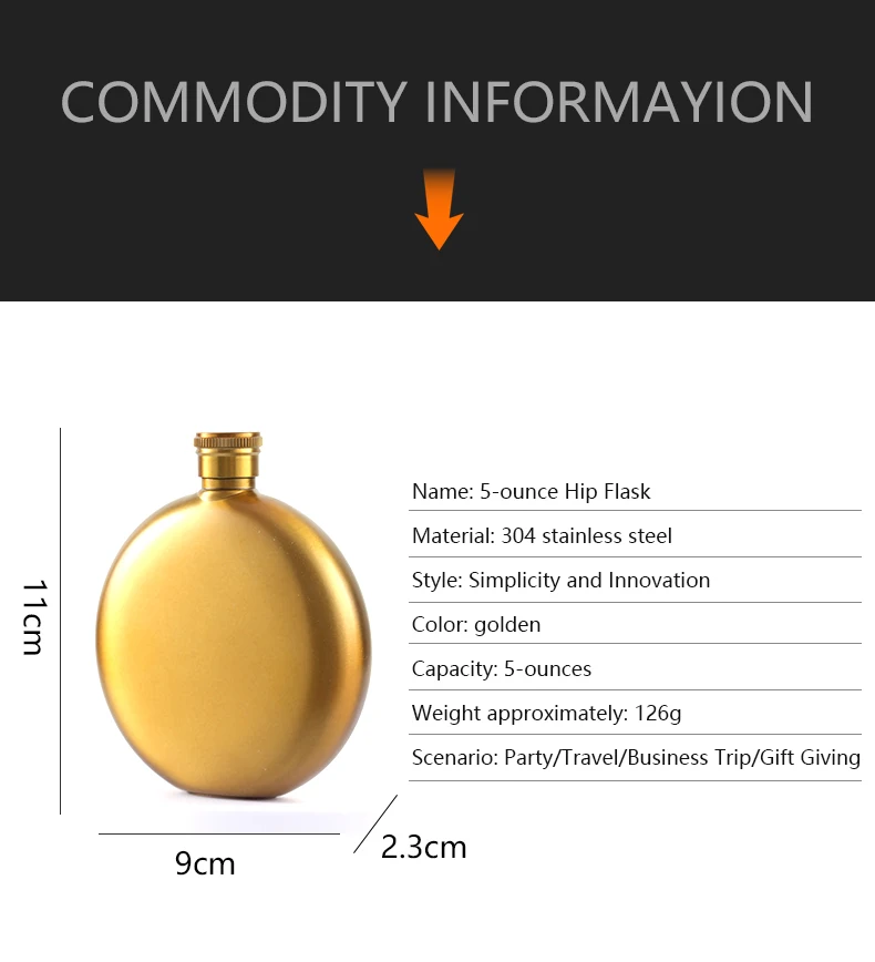 Description Picture 3 of item5oz high-end gold stainless steel round hip flask, stainless steel whiskey flagon, outdoor portable alcohol bottle with funnel