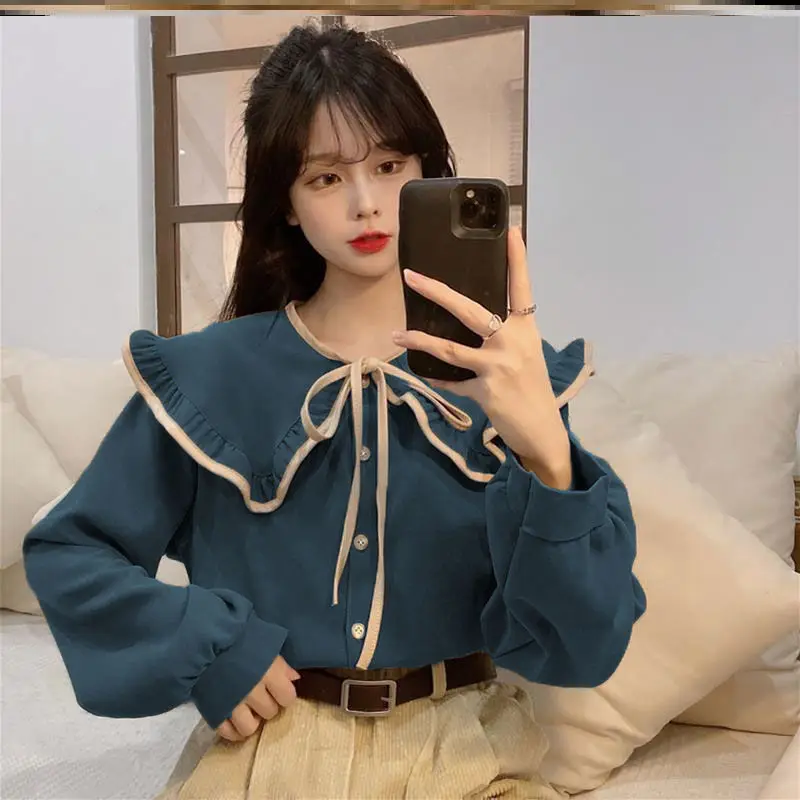 Sweet Shirts for Women Peter Pan Collar Fashion Autumn Winter New Preppy Lovely Tops Lace-up Bow All-match Streetwear Harajuku
