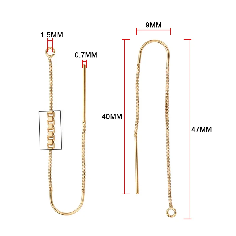 14K Gold Filled Ear Threader 1 Pair U-Threader Box Chain Drop w/Ring Gold Ear Wire for Jewelry Making