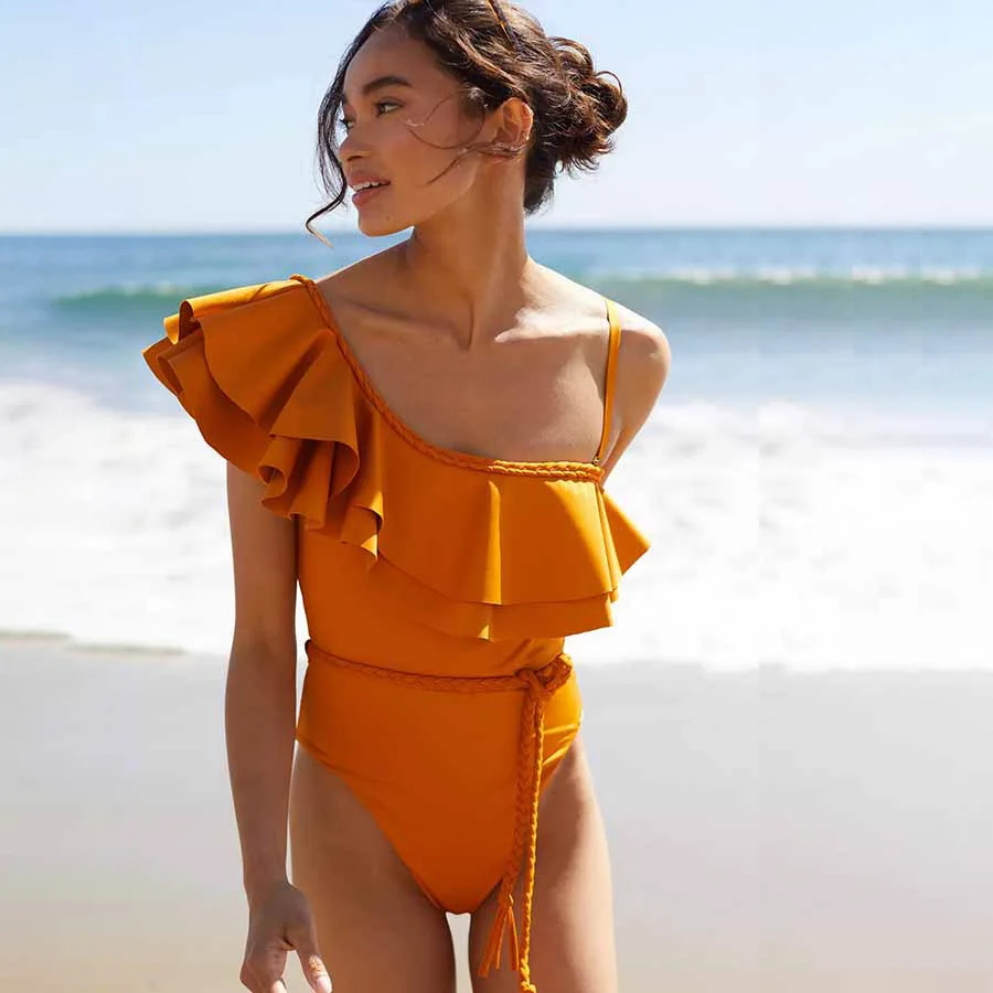 

Ruffle Solid Color One-Piece Swimsuit 2023 Women's Elegant Bikini Set Push Up Sexy Swimwear Summer Vacation Beachwear