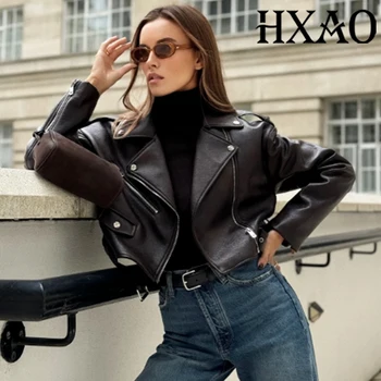 HXAO فو سترة جلدية ملابس خارجية ديمي الموسم البني اقتصاص معطف طويل الأكمام المرأة موتو السائق جاكيت زيبرا معاطف قصيرة