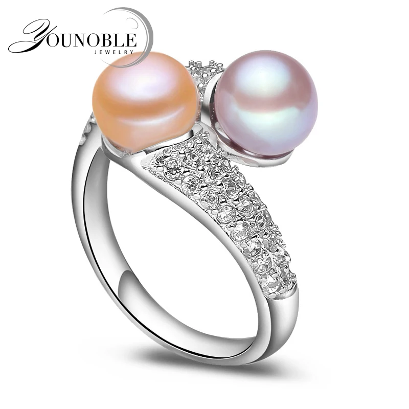 Real Natural Freshwater Black Double Pearl Ring Woman,Exquisite 925 Sterling Silver Ring Adjustable Wife Mother Birthday White