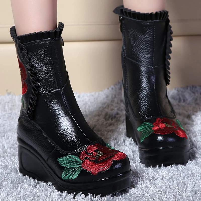 

6cm Spring Ankle Boots Embroider Women Elegance Designer Autumn Platform ZIP Authentic Round Toe ZIP Cow Genuine Leather Shoes