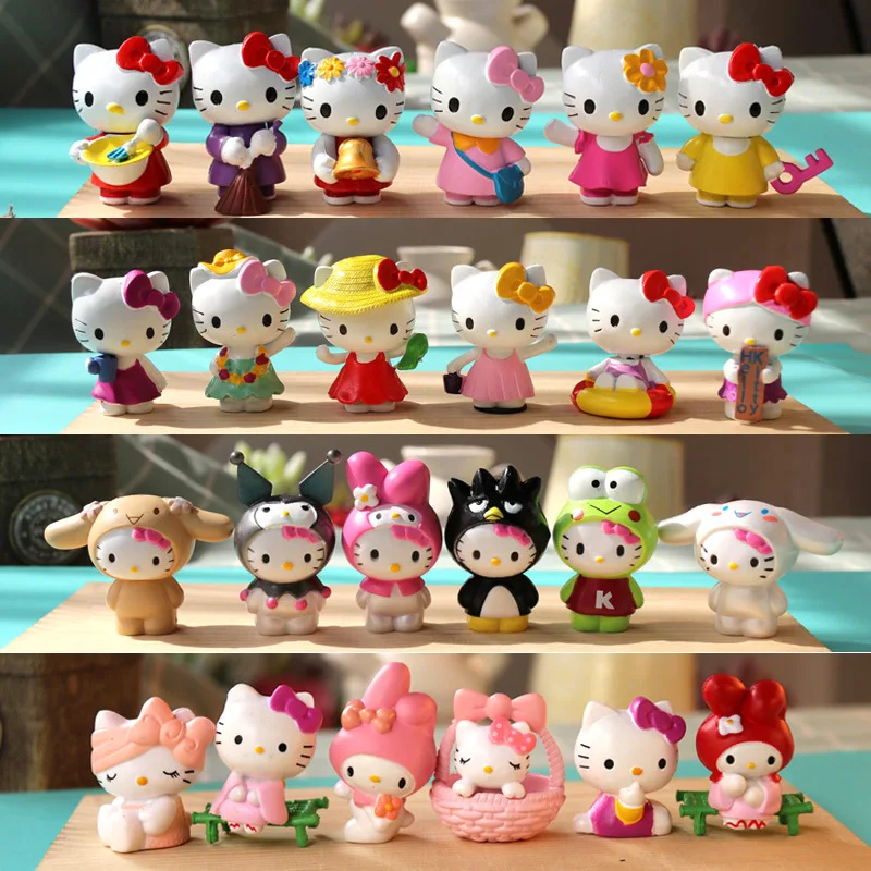 6Pcs/set Anime Sanrio Hello Kitty Action Figure Toys Kuromi Mymelody Cinnamoroll Figurine Dolls Pendant Children Kids Xmas Gift