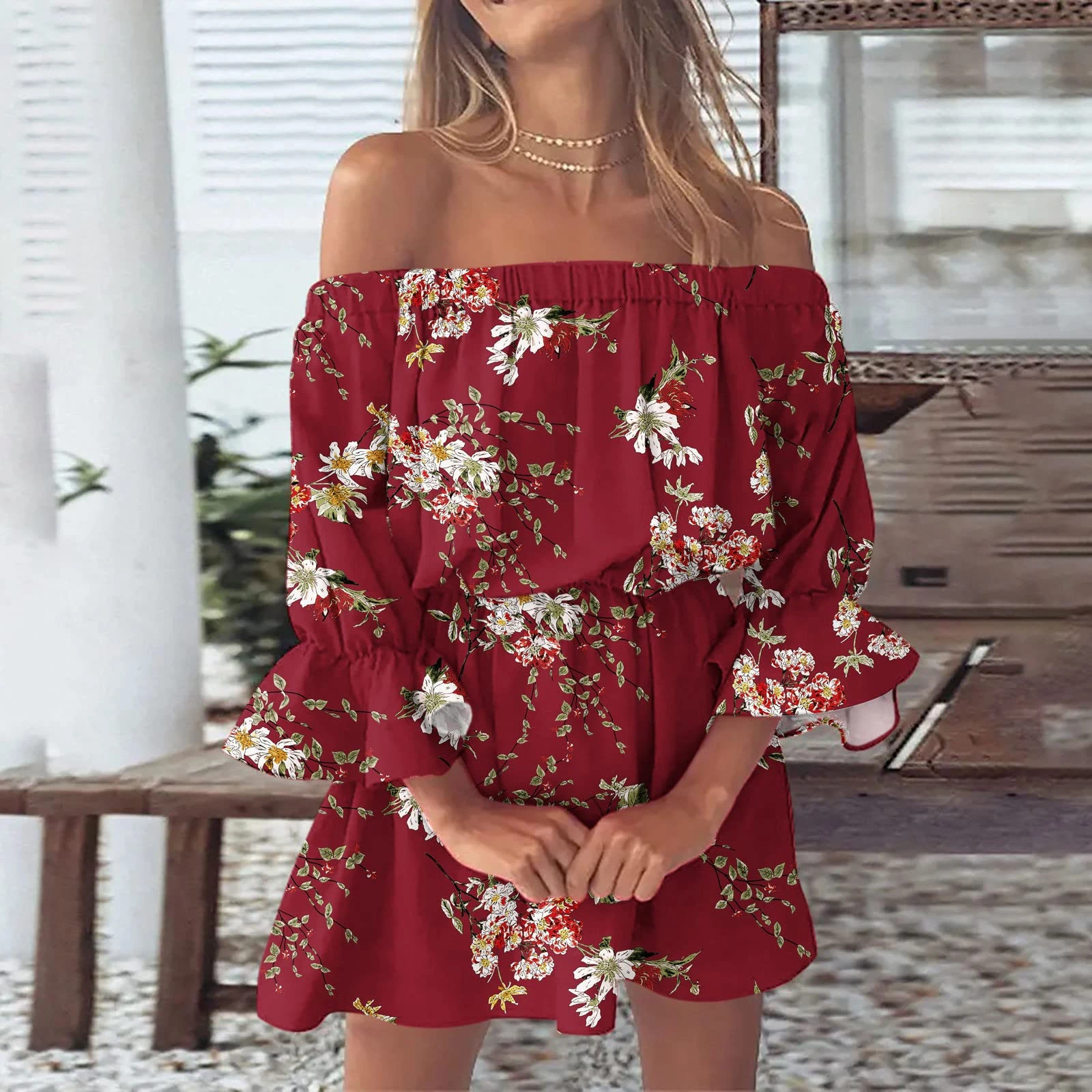 boho bell sleeve mini dress