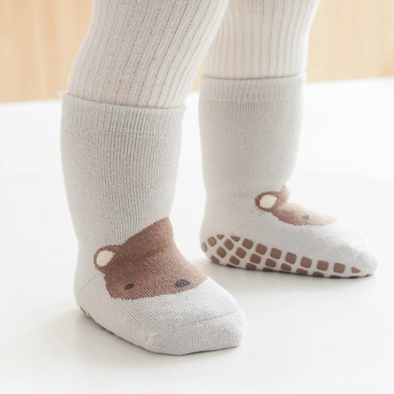 1 Pair Toddlers Non Slip Socks Cartoon Animal Design Waling Socks Cotton Winter Baby Floor Thickened