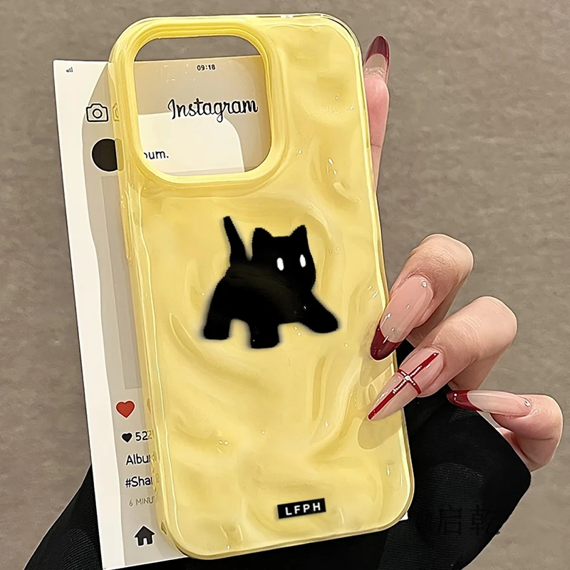 Chic Black Fuzzy Cat Shockproof Phone Case - Candy Color Wave Pattern Protective Cover