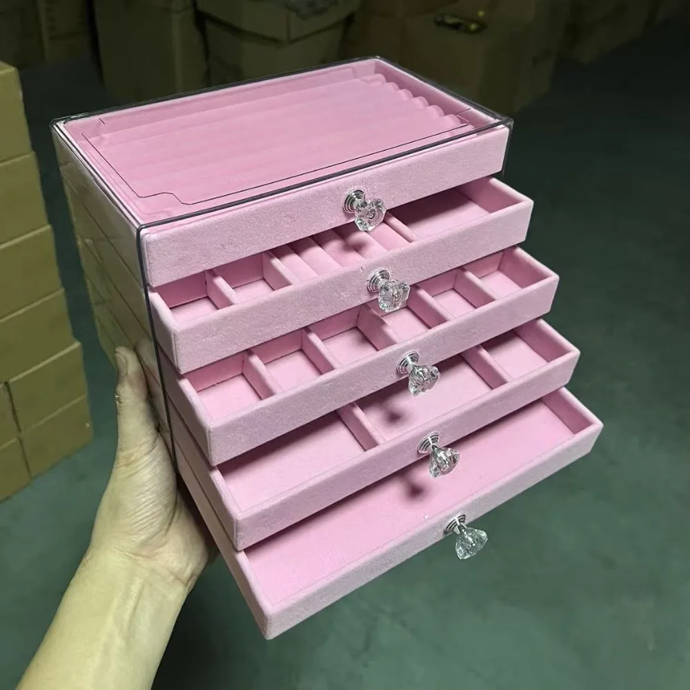 New Pink Five-Tier Jewelry Storage Drawer Large Capacity Dust-Proof Earring & Bracelet Organizer Jewelry Display Box
