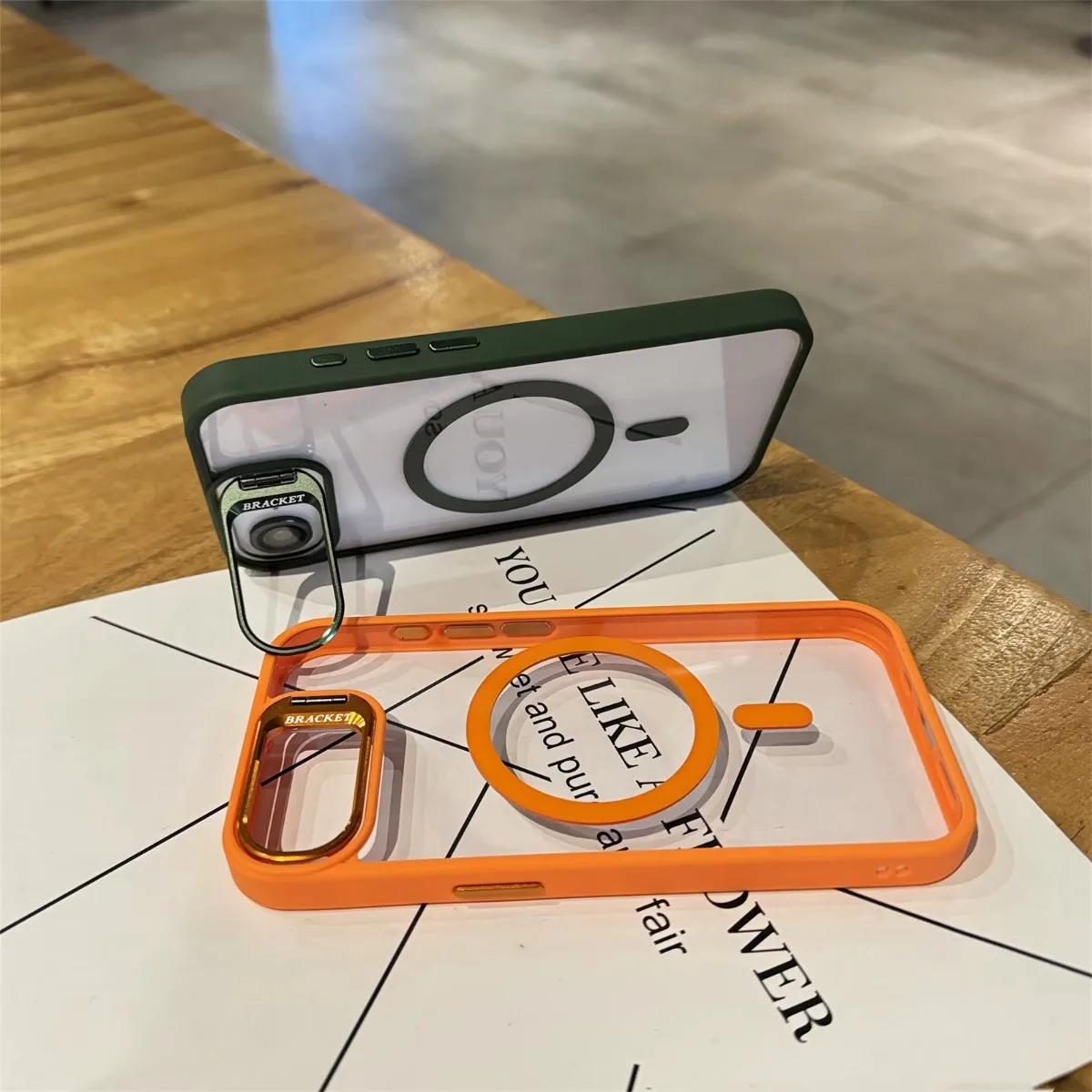 Magsafe-Compatible Clear Case with Metal Camera Frame Stand & Lens Protector
