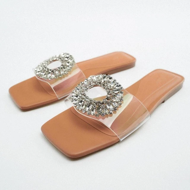 ZARZ Woman 2022 Flat Shoes Spring Summer Pointed Sexy Bow Outer Wear Plus Size 41 Beige Lazy Sandals And Slippers Women Luxury rhinestones