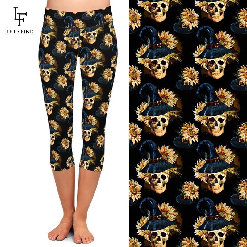 LETSFIND Summer Sexy Skull and Flowers Milk Silk Digital Printing Pants High Waist  Women Black Fitness Capri Leggings