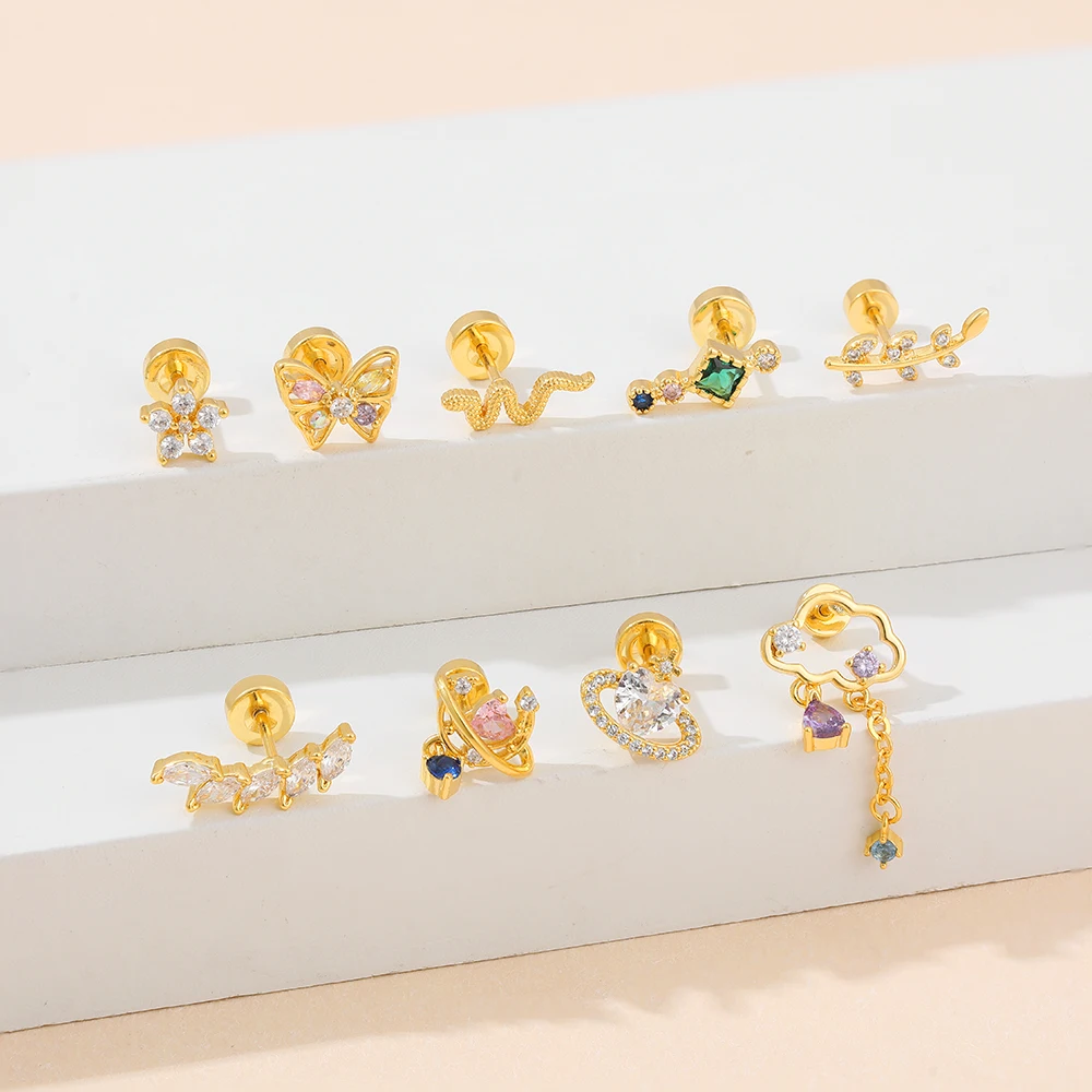 Personality Geometric CZ Zircon Navel Piercing Cute Mini Butterfly Flower Sparkle Crystal Stud Earrings Stainless Steel Jewelry