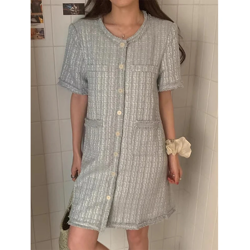 

Summer Retro Elegant Round Neck Single Breasted Tassel Woven Multiple Pockets Loose Short Sleeved Dress Women