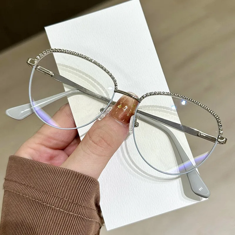 Metal Frame Glasses Versatile Rhinestone Edged Eyeglasses Women Computer Glasses Non-Prescription Anti Blue Light Glasses