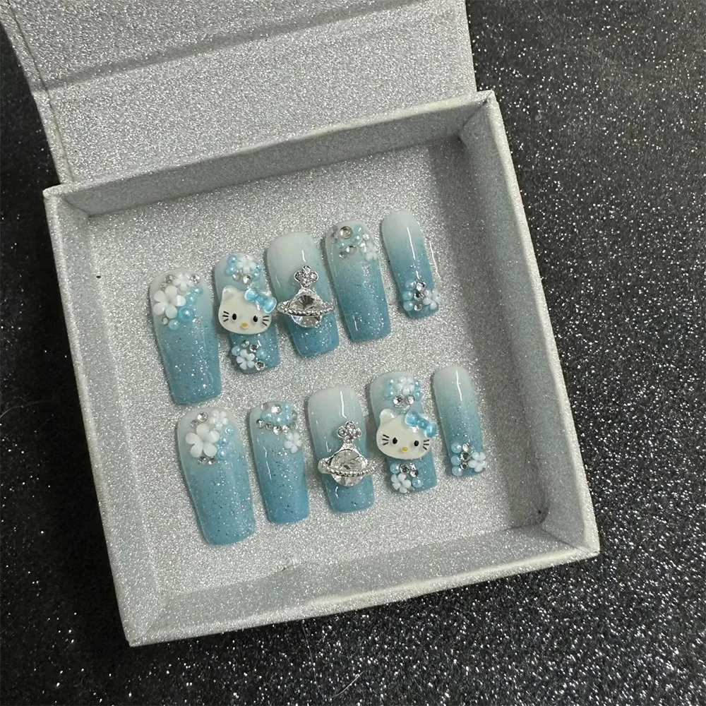 Kawaii 3D Wearable Press on Nails Hello Kitty French Long Short Coffin Square Almonds Customizable Reusable Full Cover Nail Tips 4