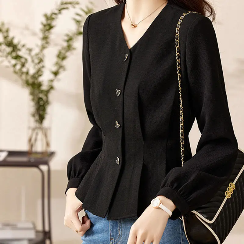 

Hearts Buttons V Neck Shirts Women Slim Waist Long Sleeve Blouse Temperament Design Elegant Lady Bautiful Black Tops