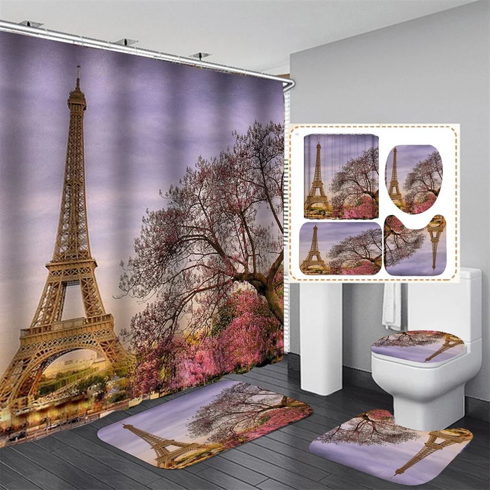 

Paris Eiffel Tower Bathroom Shower Curtain Set Paris Theme Retro Romantic French landscape Home Decoration Set