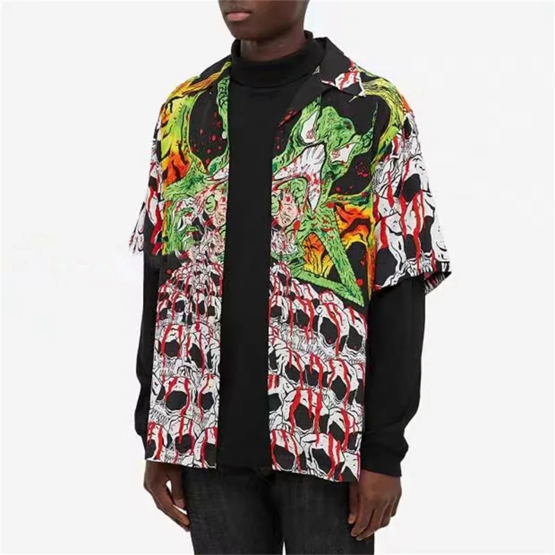 

New Wacko Maria Shirts Men Women Red White Black Skull Pattern Hawaii Beach Shirt gym