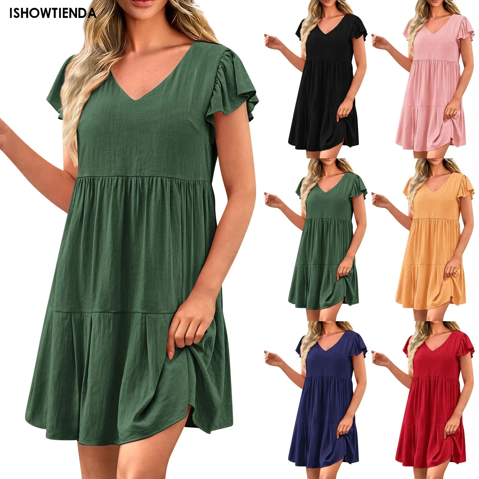 

Summer Women V Neck Ruffled Dress Casual Fashion Solid Color Short Sleeve Dresses Loose Tierred Pleated Swing Dress Elegant Robe