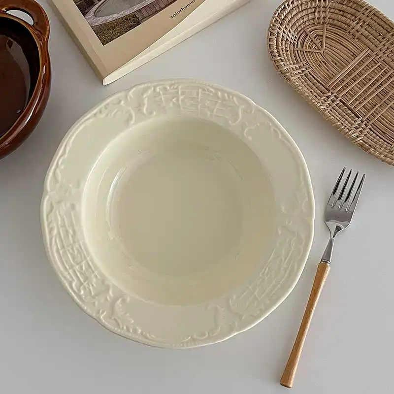 French Ceramic Deep Plate Exquisite Straw Hat Plates Western Pasta Disc Household Yoghurt Fruit Salad Tray