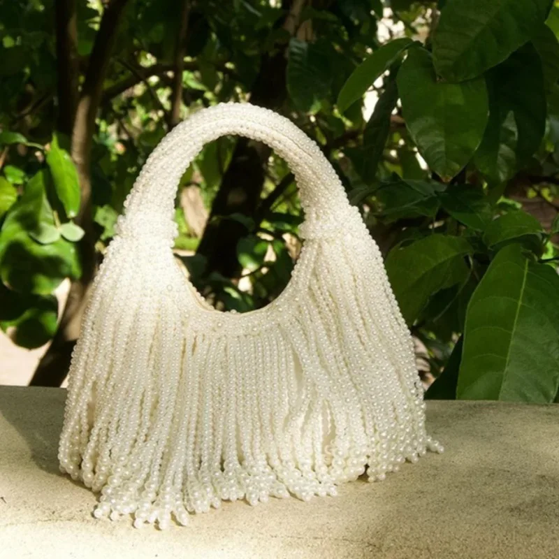 Borsa da sera con manico in perle, pochette di lusso firmata con nappa lunga, borsa a mano da donna fatta a mano dal design alla moda - immagine 6